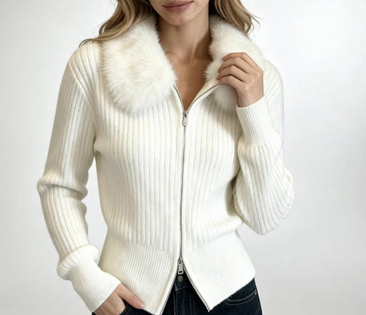 Faux Fur Collar Knit Cardigan