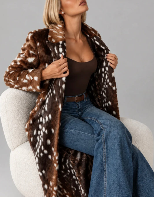 Cindy Deer Print Faux Fur Coat
