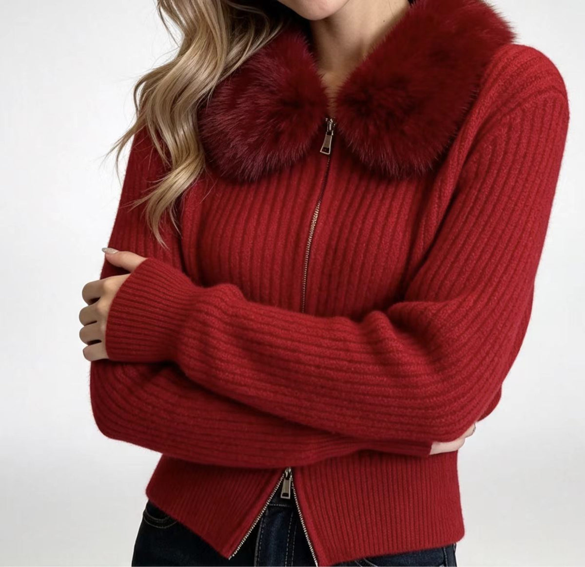 Faux Fur Collar Knit Cardigan