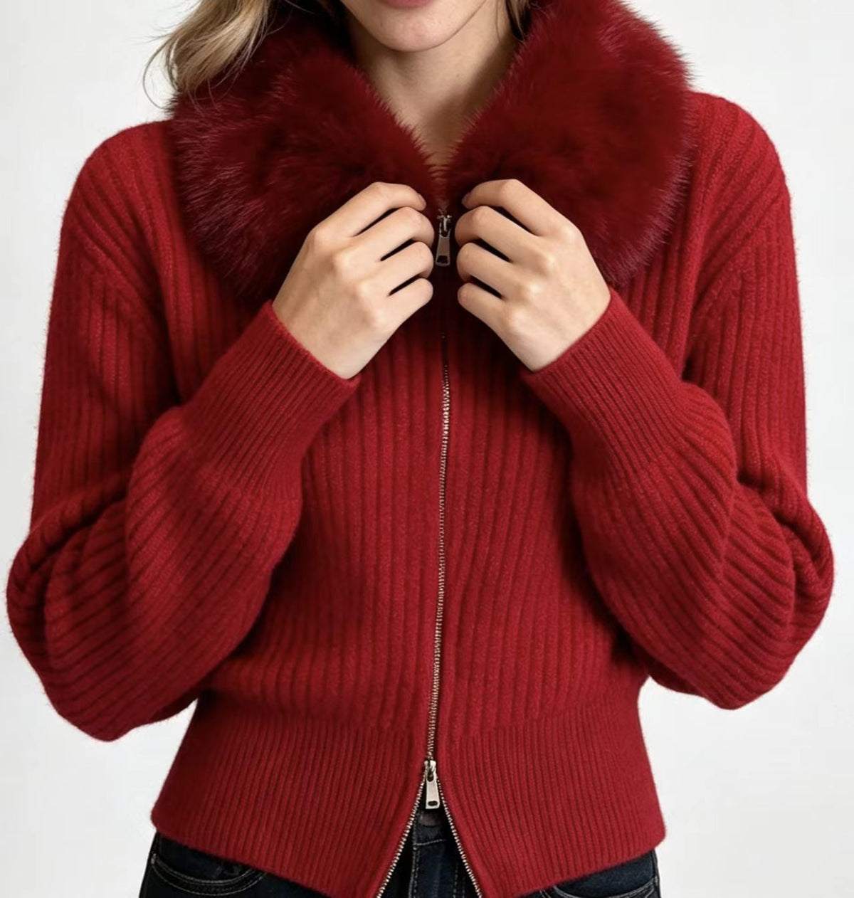 Faux Fur Collar Knit Cardigan