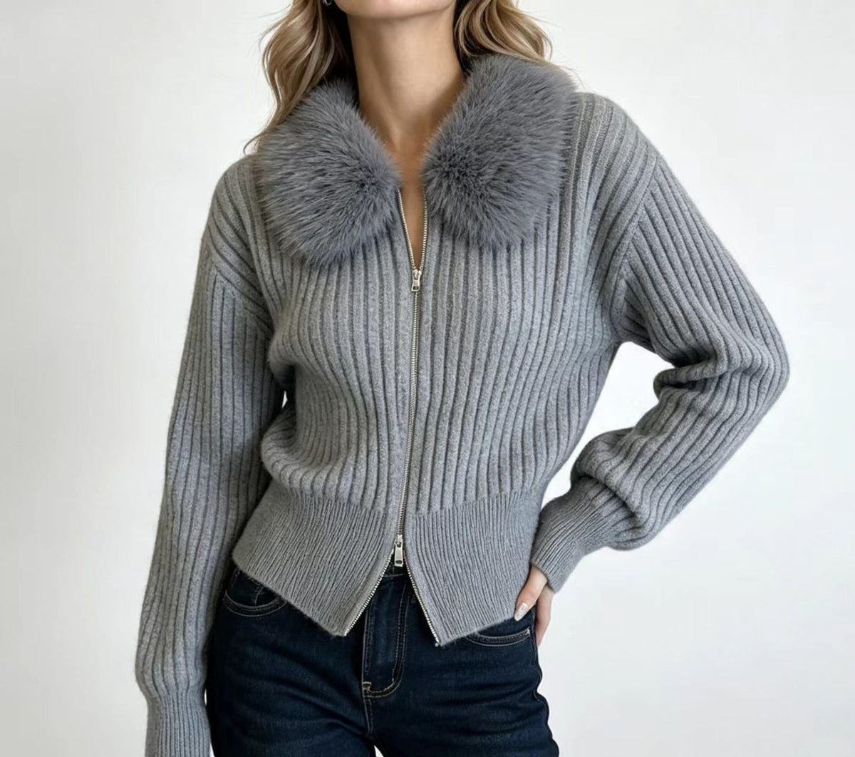 Faux Fur Collar Knit Cardigan