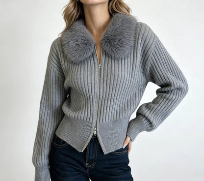 Faux Fur Collar Knit Cardigan
