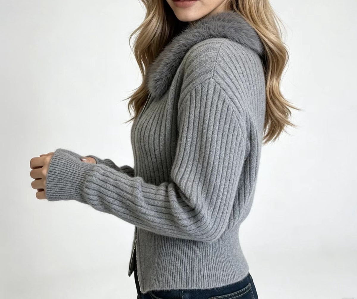 Faux Fur Collar Knit Cardigan