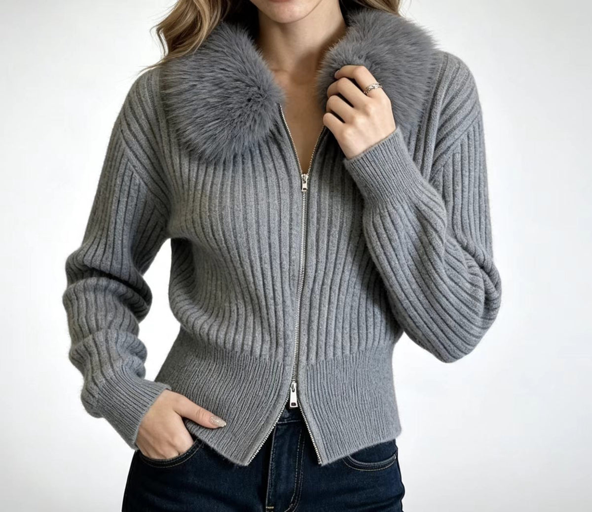 Faux Fur Collar Knit Cardigan
