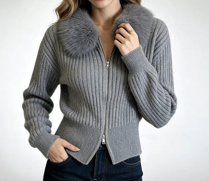 Faux Fur Collar Knit Cardigan