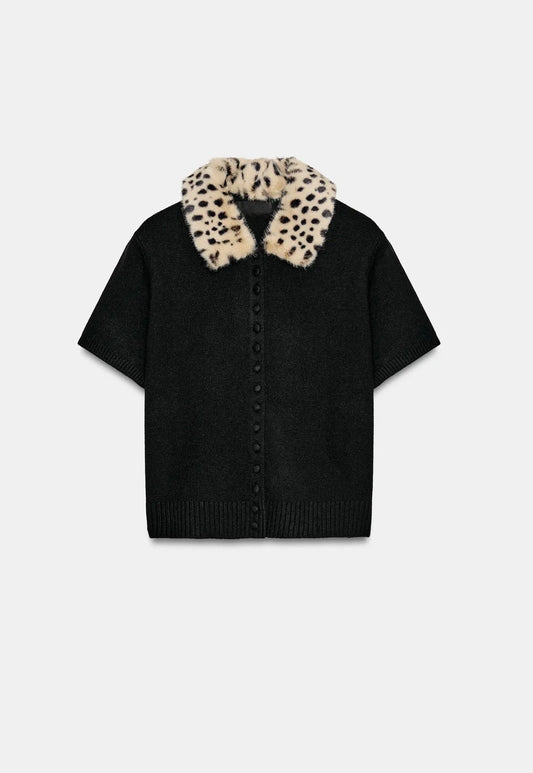 Noir Léopard Short Sleeve Cardigan